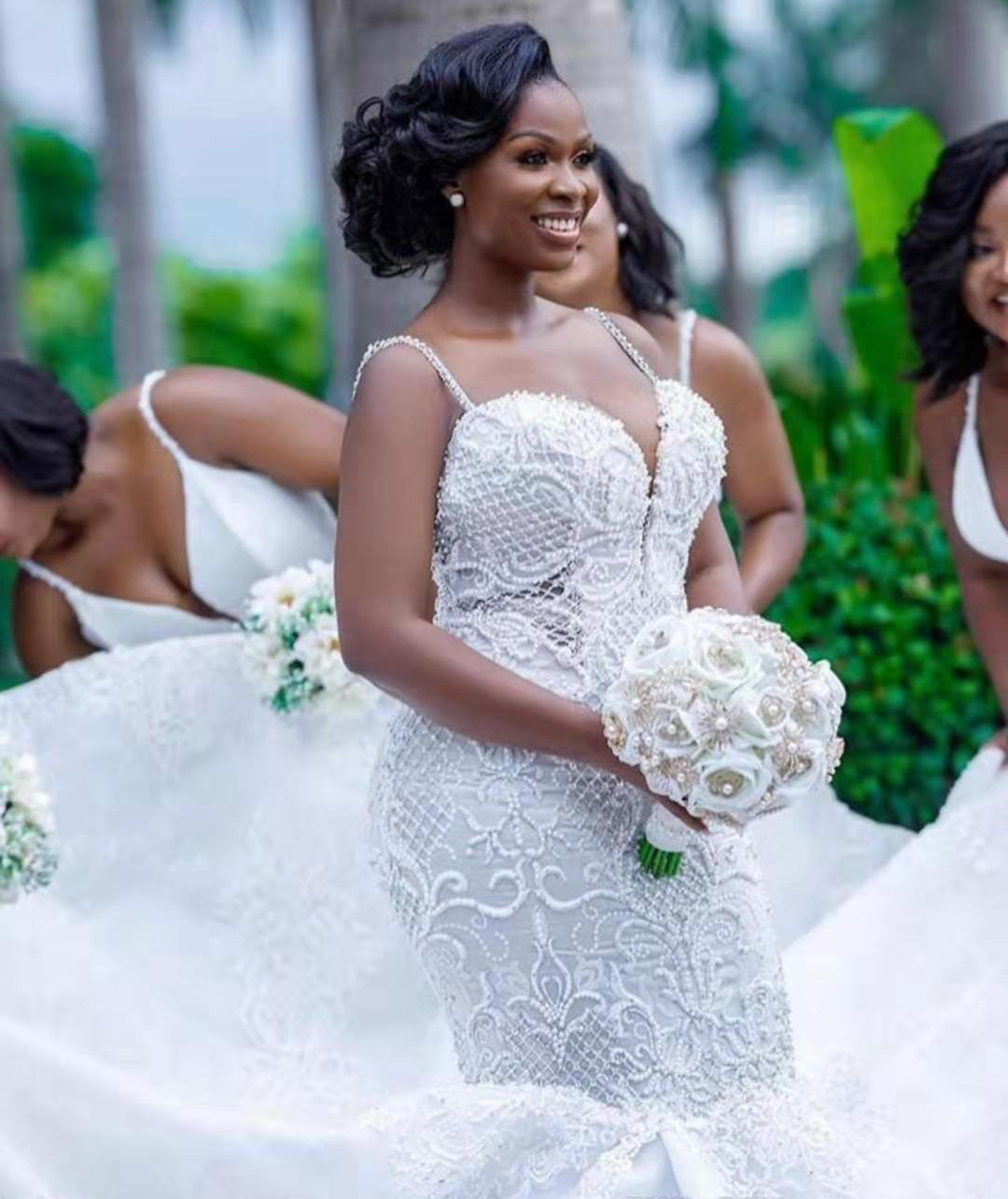 African mermaid cutout lace wedding dress