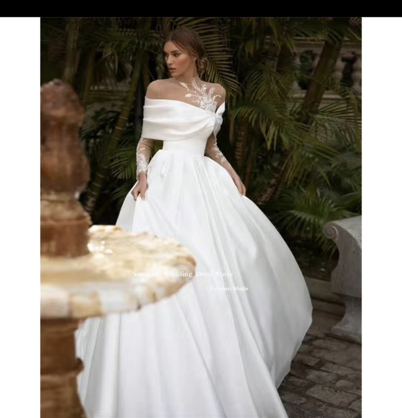 Long Sleeve White Tutu Skirt Satin Wedding Dress